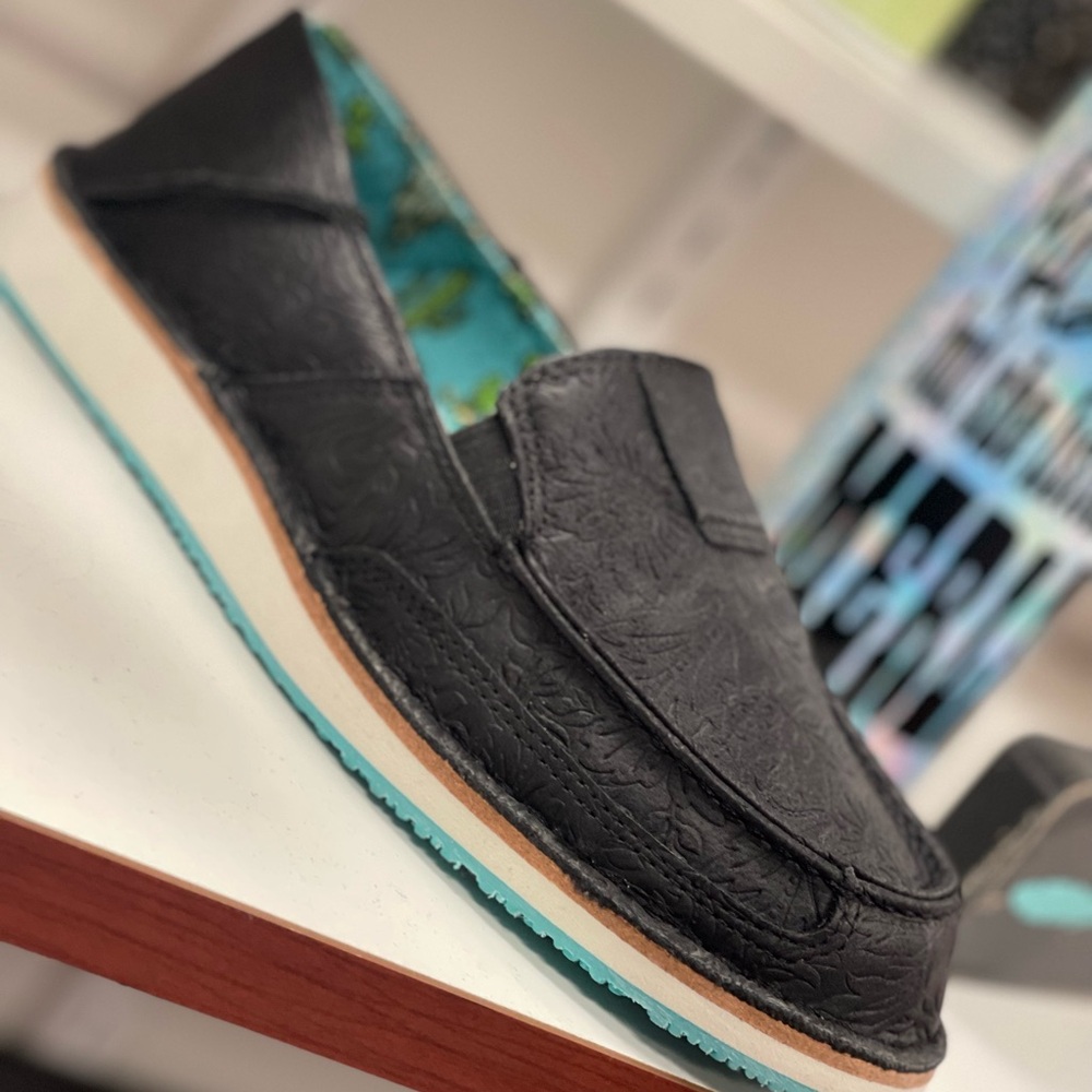 Tooled Black Leather flats comfort sole